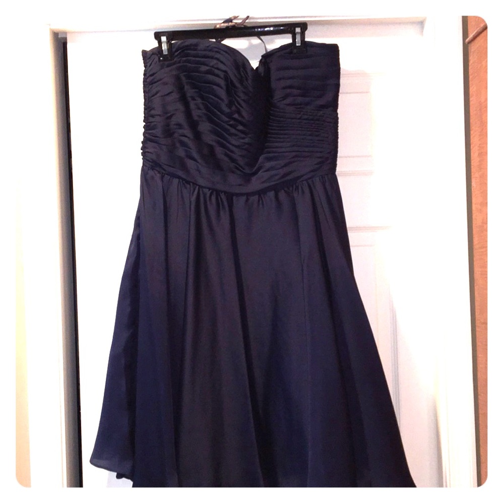 New navy satin strapless A-line cocktail dress.